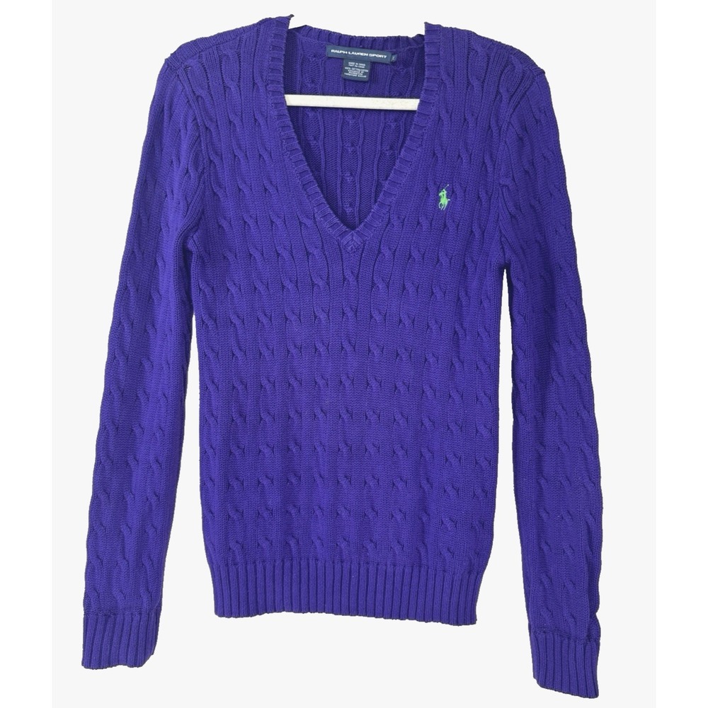Ralph Lauren V-Neck Cable Knit Sweater Large Cotton Pony Fisherman Preppy 90s